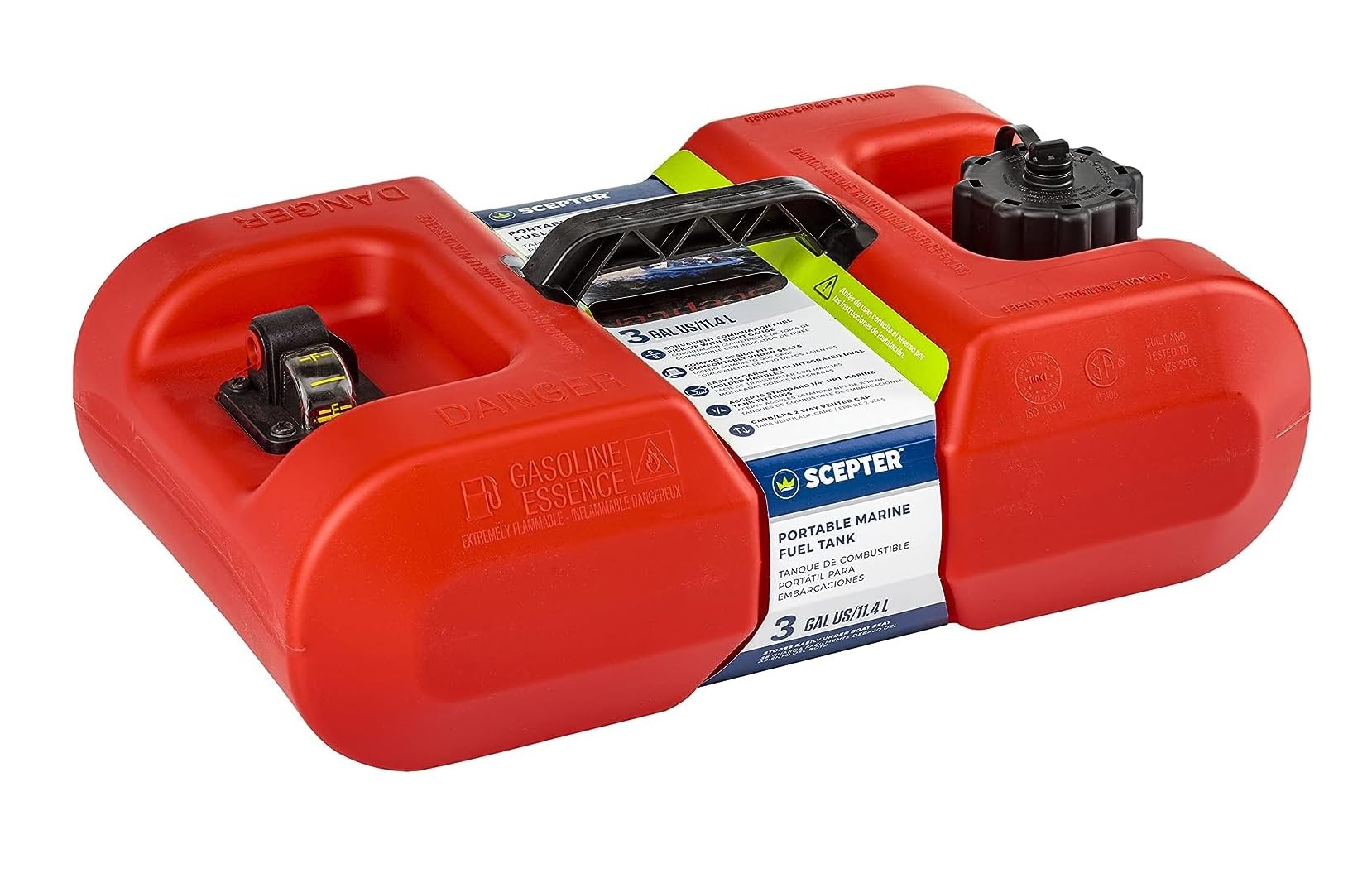 3 Gallon Scepter Portable Marine Gas Can, Boat Fuel Tank, 2-Way Vented Cap, Built-In Fuel Gauge and Pick-Up, Top Handle, EPA & CARB Compliant, Underseat Design, 19.3"L x 12.2"W x 6.8"H (10506)