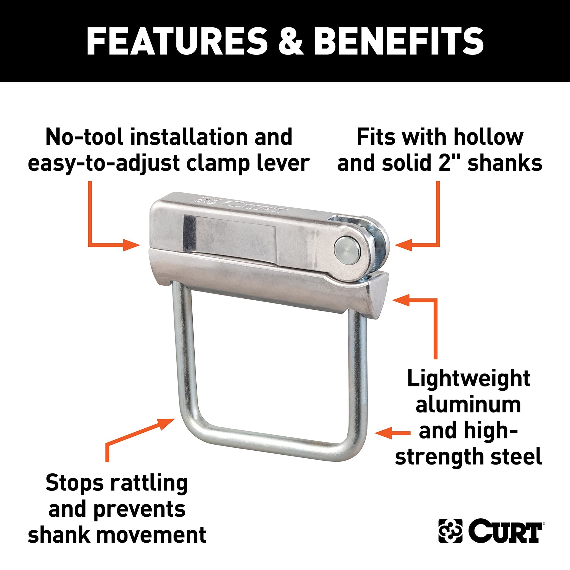 CURT No-Tool Anti-Rattle Hitch Clamp 22325 Tightener for 2-Inch Receiver, Hollow or Solid Shanks