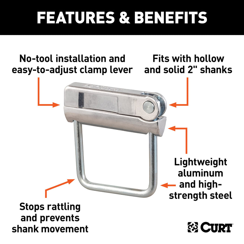 CURT No-Tool Anti-Rattle Hitch Clamp 22325 Tightener for 2-Inch Receiver, Hollow or Solid Shanks