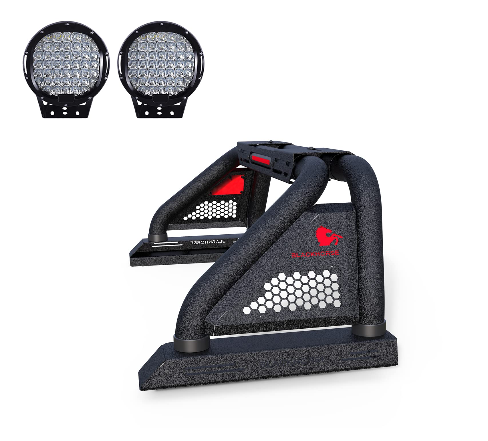 Classic Pro Black Horse Roll Bar Incl.Set of 9" Black Round Led Light Modular Textured Black Compatible with 2020-2024 Jeep Gladiator-RB09MT-PL69B