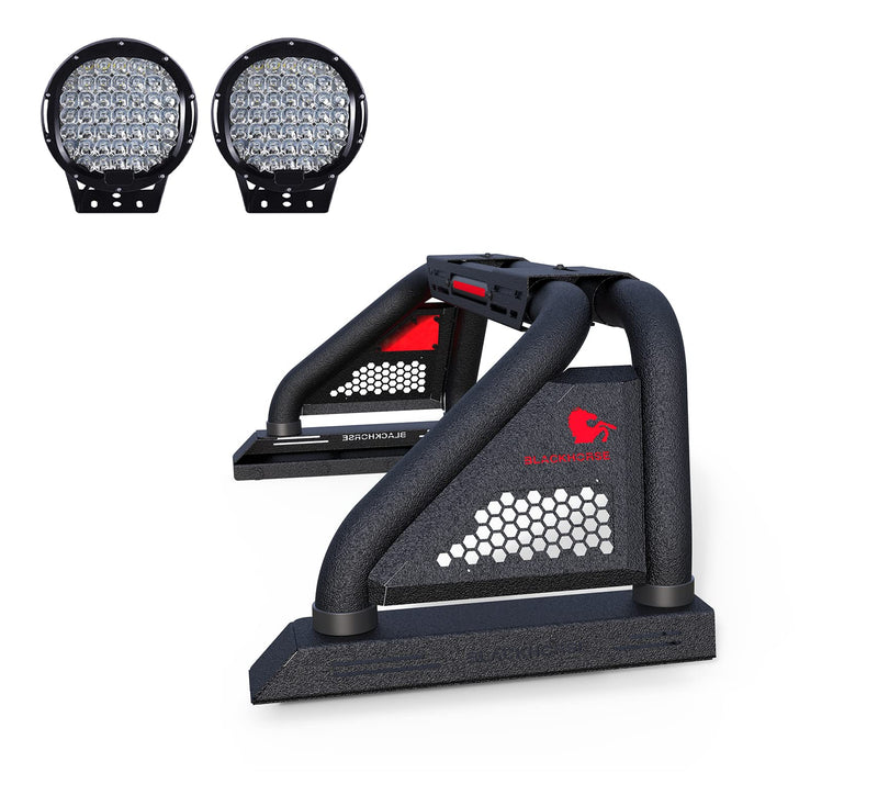 Classic Pro Black Horse Roll Bar Incl.Set of 9" Black Round Led Light Modular Textured Black Compatible with 2020-2024 Jeep Gladiator-RB09MT-PL69B