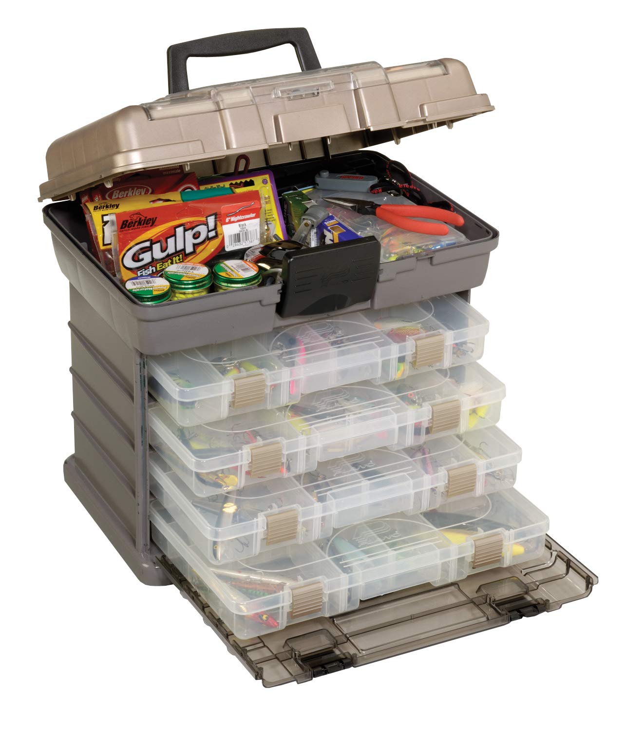 4-By Plano Guide Series StowAway Rack System Tackle Box, Holds 4 3700 Utility Tackle Boxes, Quick-Access Top Storage with DuraView Lid, Durable Construction, Flexible, Adaptable Fishing Box
