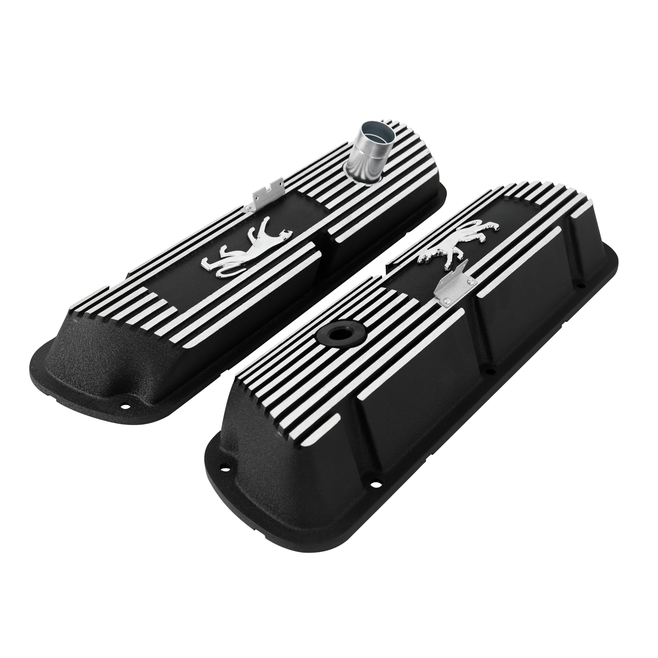 Aluminum Valve Covers Scott Drake with Official Cougar Emblem and Lettering in a Silver Powder Coated Finish, Compatible with 1967-1973 Ford Mercury Cougar, Model 6A582-CO