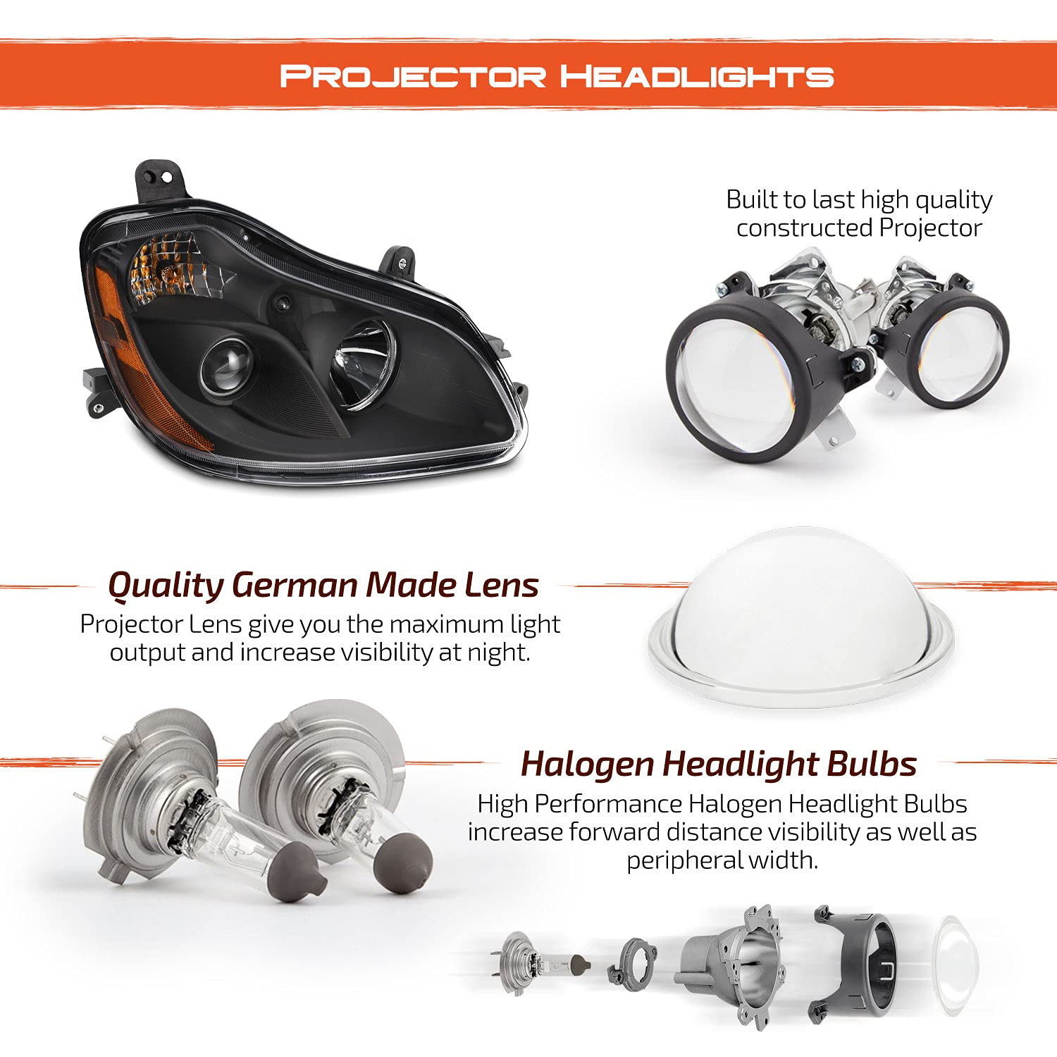 AKKON - OE Halogen Style Projector Headlights Fits 2013-2019 Kenworth T680 Black Housing - Pair Replacement