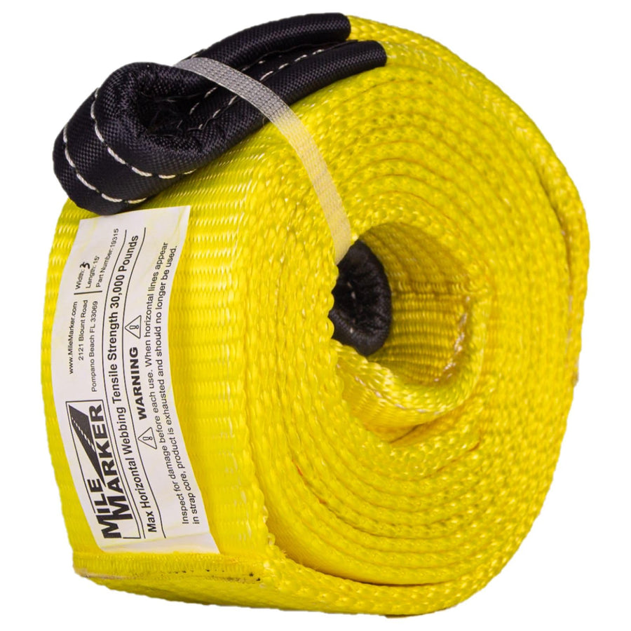 Mile Marker Single Yellow 3" x 15′ Recovery Strap for Heavy Duty Use 19315 - Rated to 30,000 Pound Capacity - User Safety with Built in Blue Lines Ensures