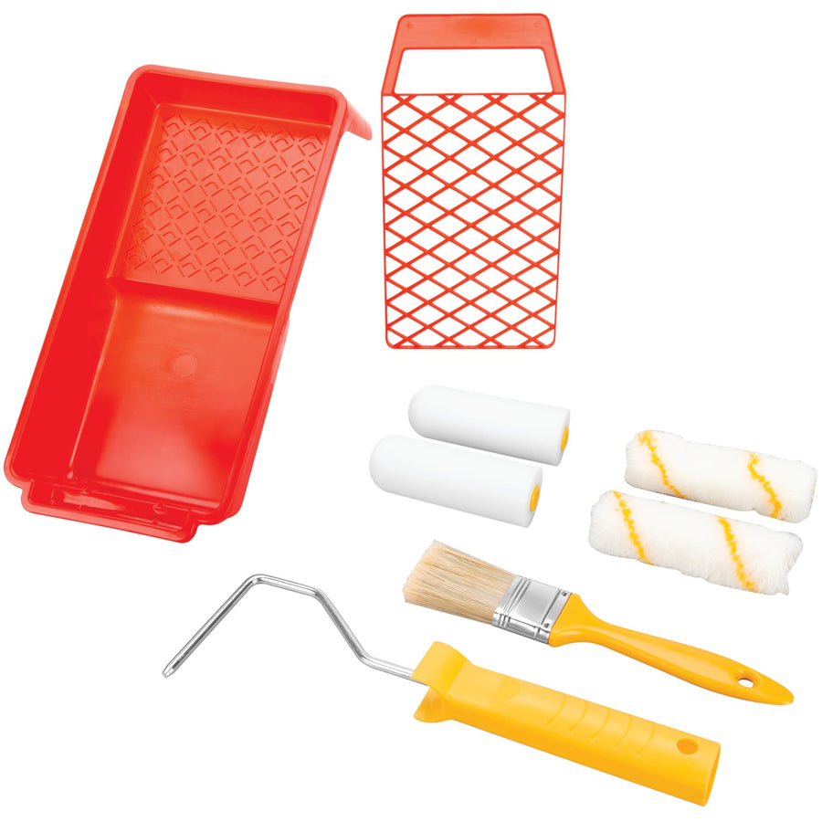 1983 Performance Tool Small Paint Roller, Brush and Tray Kit, Works with Many Paints, Includes Microfiber and Foam Rollers, Detail Brush, and Paint Strainer