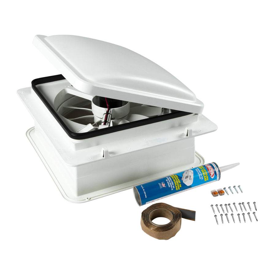 Furrion 14" RV Rooftop Vent Exhaust Fan with Lid, 10-Blade, Four Fan Speeds, Push-Button Controls, Removable Insect Screen, Flush-Mount Design for 2" to 7" Thick Roofs, White - FVF14D90R6A-PS-AM