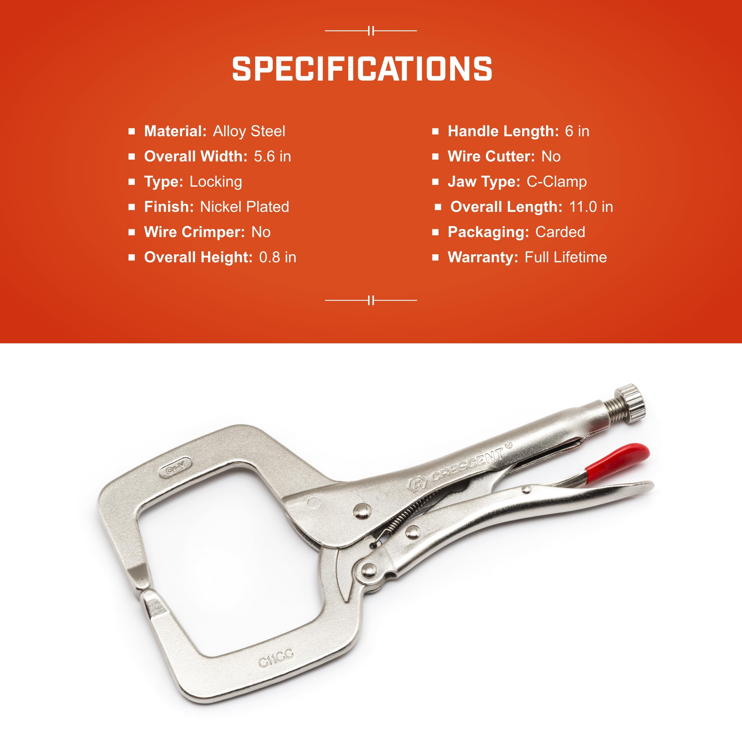 Crescent C-Clamp Locking - Heavy-Duty, Adjustable Metal Clamp with Compound Action & Hex Key Receiver - C11CCVN - 11", Red