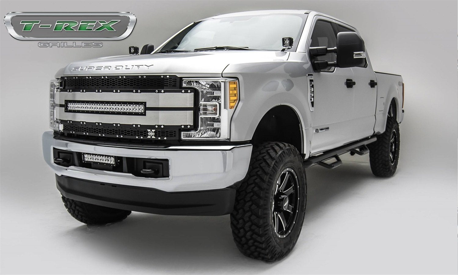 T-Rex Grilles Torch AL Grille 2017-2019 Super Duty, Black Mesh, Brushed Trim, 1 Pc, Replacement, Chrome Studs with (1) 30" LED, Fits Vehicles with Camera - PN #6315493
