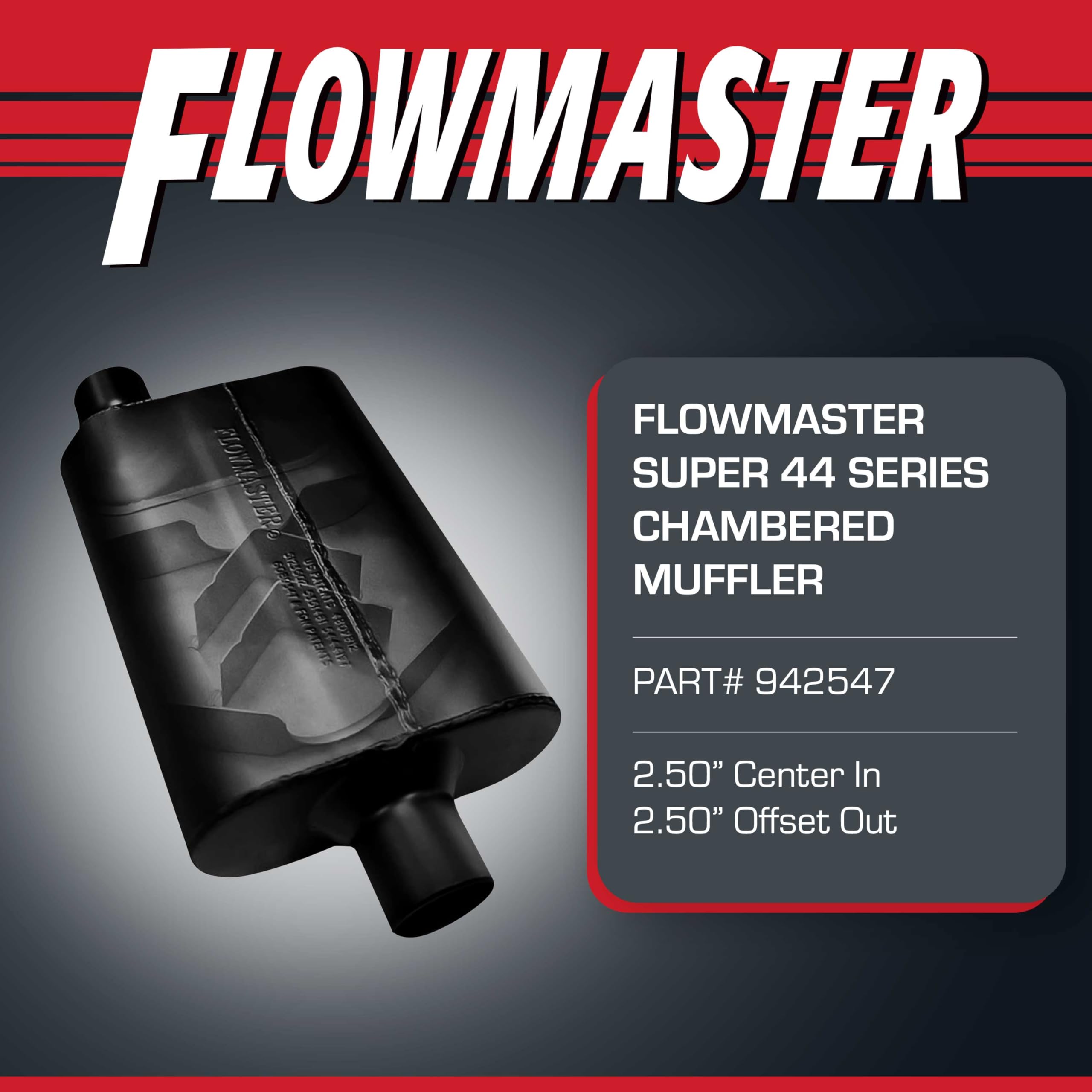 Flowmaster Super 44 Muffler Series – 2.50” - Center In/Offset Out – Aggressive Sound – 16 Gauge Aluminized Steel – For Classic & Late Muscle Cars, Street Rods, Trucks, SUVs (942547)