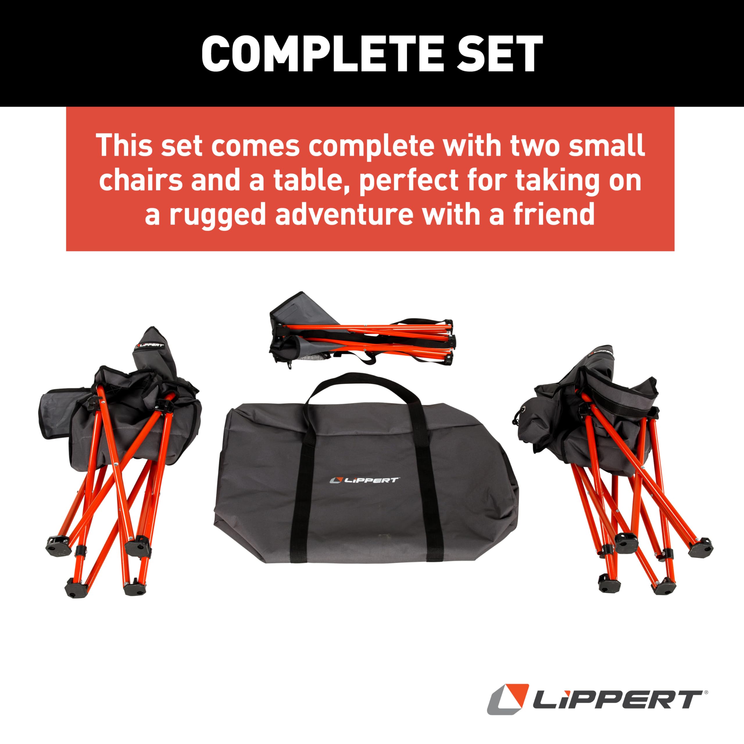 Lippert 3-Piece Baja Overlanding Chair & Table Set, 600-Denier Polyester Folding Chairs, Dual Cupholders, Innovative Scoop for Ultimate Comfort, Fold-up Convenience - 2023053719
