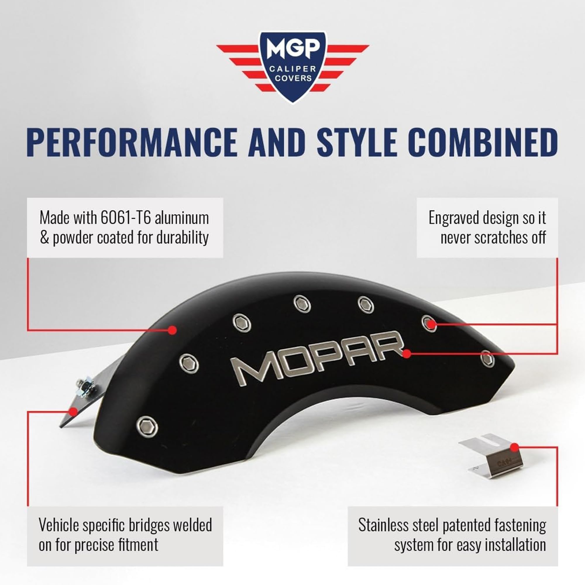 Jeep Grand Cherokee MGP Brake Caliper Covers 2011-21, WK 2022 (Requires 17"+ Wheels) Red Powder-Coated Finish, Engraved Silver Jeep Logo, Front and Rear Caliper Covers (Set of 4)