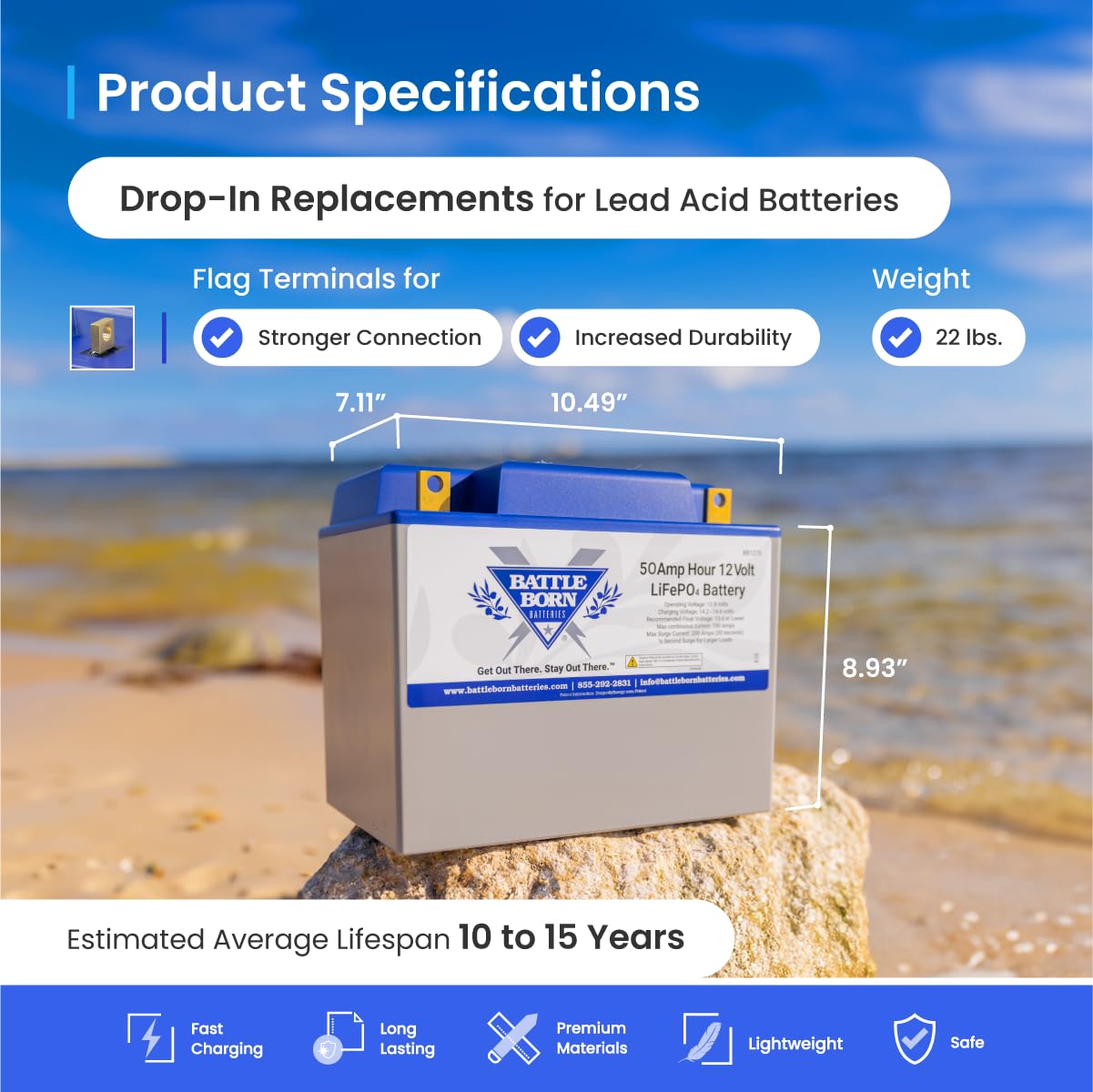 12V 50Ah Heated Lithium-Ion (LiFePO4) RV, Marine, Solar, & Off Grid Battery - Integrated Heating Technology - Internal BMS, High & Low Temperature Protection - Battle Born Batteries