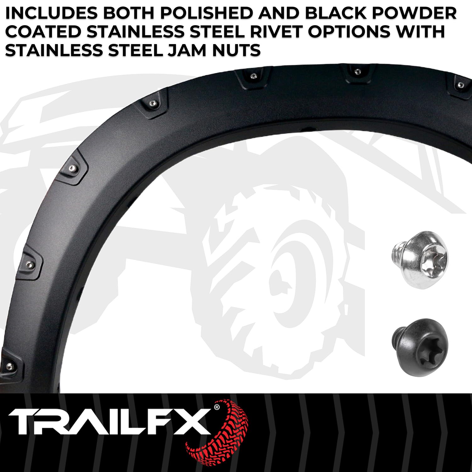 TrailFX Fender Flares Pocket Style for Ram 1500 2011-2018 Black Textured Paintable Polypropylene Set of 4 with Stainless and Black Steel Rivets TrailFX TFD3002T