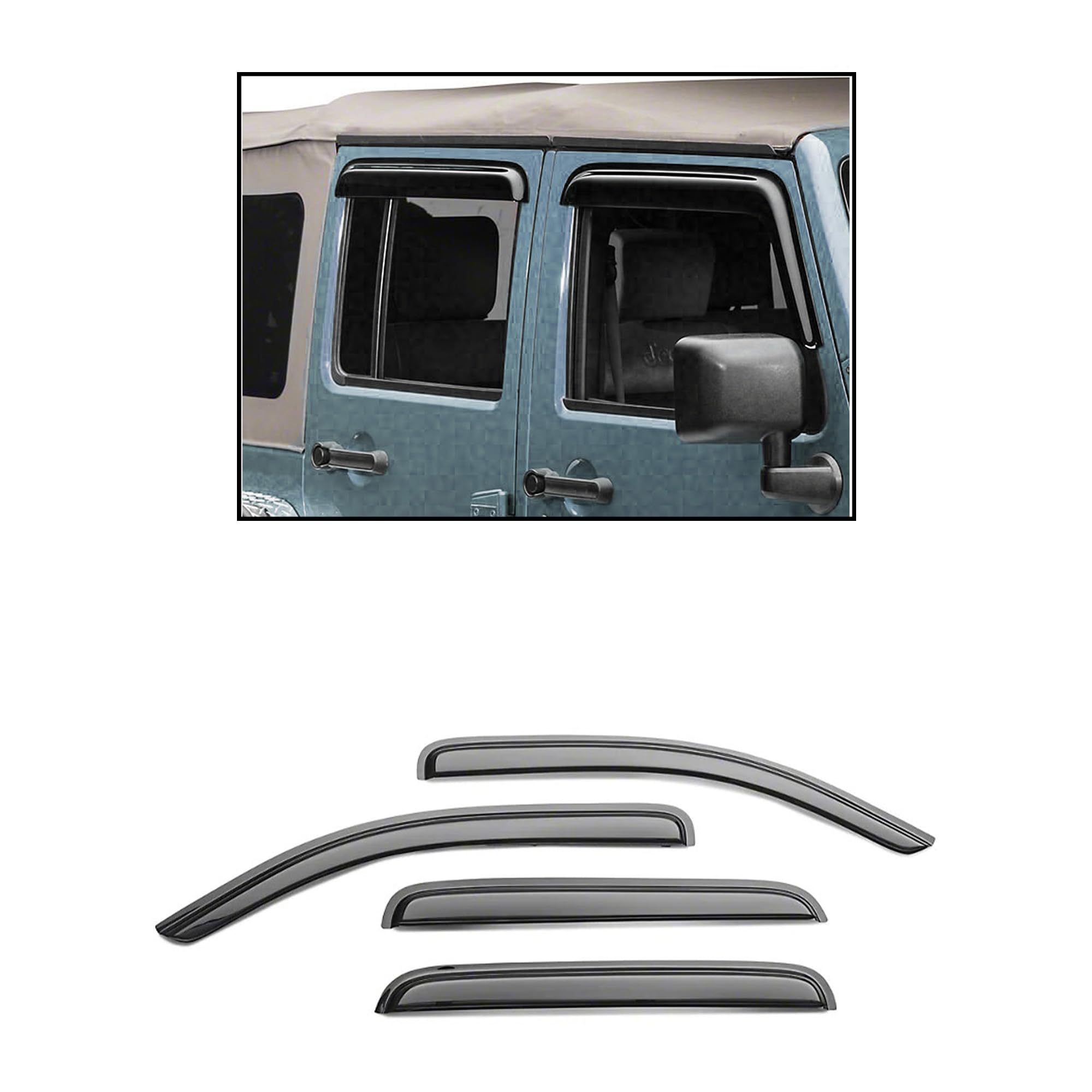 Tape On Black Horse Off Road Rain Guards/Wind Deflectors Compatible with 2007-2018 Jeep Wrangler JK Smoke 4 PCs - 14-94249
