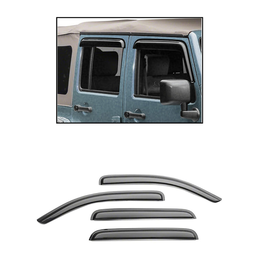 Tape On Black Horse Off Road Rain Guards/Wind Deflectors Compatible with 2007-2018 Jeep Wrangler JK Smoke 4 PCs - 14-94249