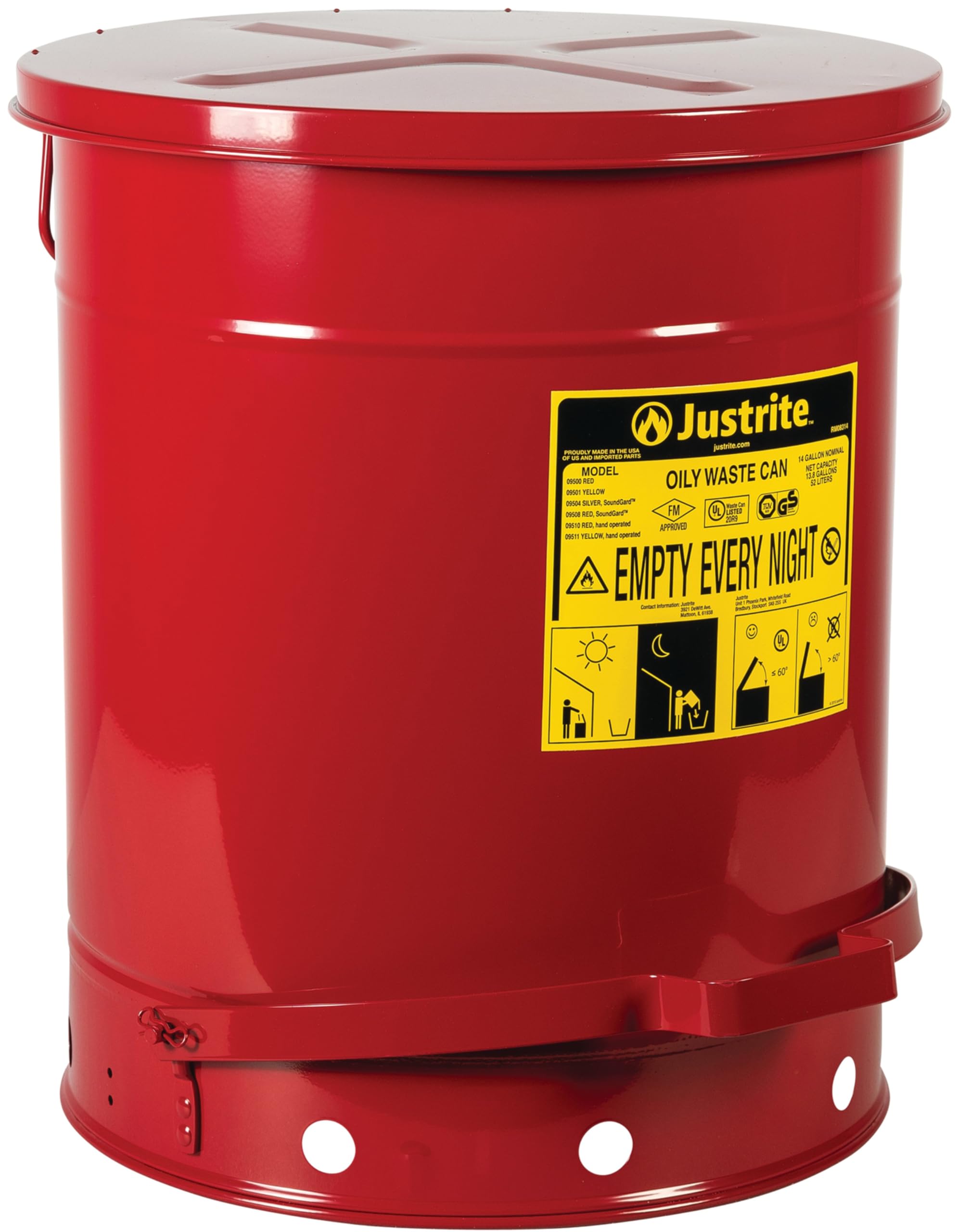 14 Gallon Justrite Galvanized Steel Oily Waste Can, 20" x 16" Metal Oil Rag Safety Can with Foot Operated Self-Closing Lid for Oil Rag Disposal, Made in The USA, Red, 09500