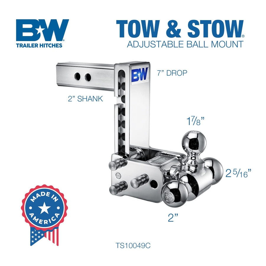 B&W Trailer Hitches Tow & Stow Chrome Adjustable Trailer Hitch Ball Mount - Fits 2" Receiver, Tri-Ball (1-7/8" x 2" x 2-5/16"), 7" Drop, 10,000 GTW - TS10049C