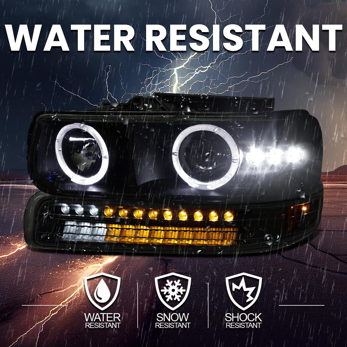 Smoke LED Halo Projector Headlights + LED Bumper Lights SPEC-D TUNING Compatible with 1999-2002 Chevy Silverado 1500/1500HD/2500/2500HD/3500, Left + Right Pair Headlamps Assembly