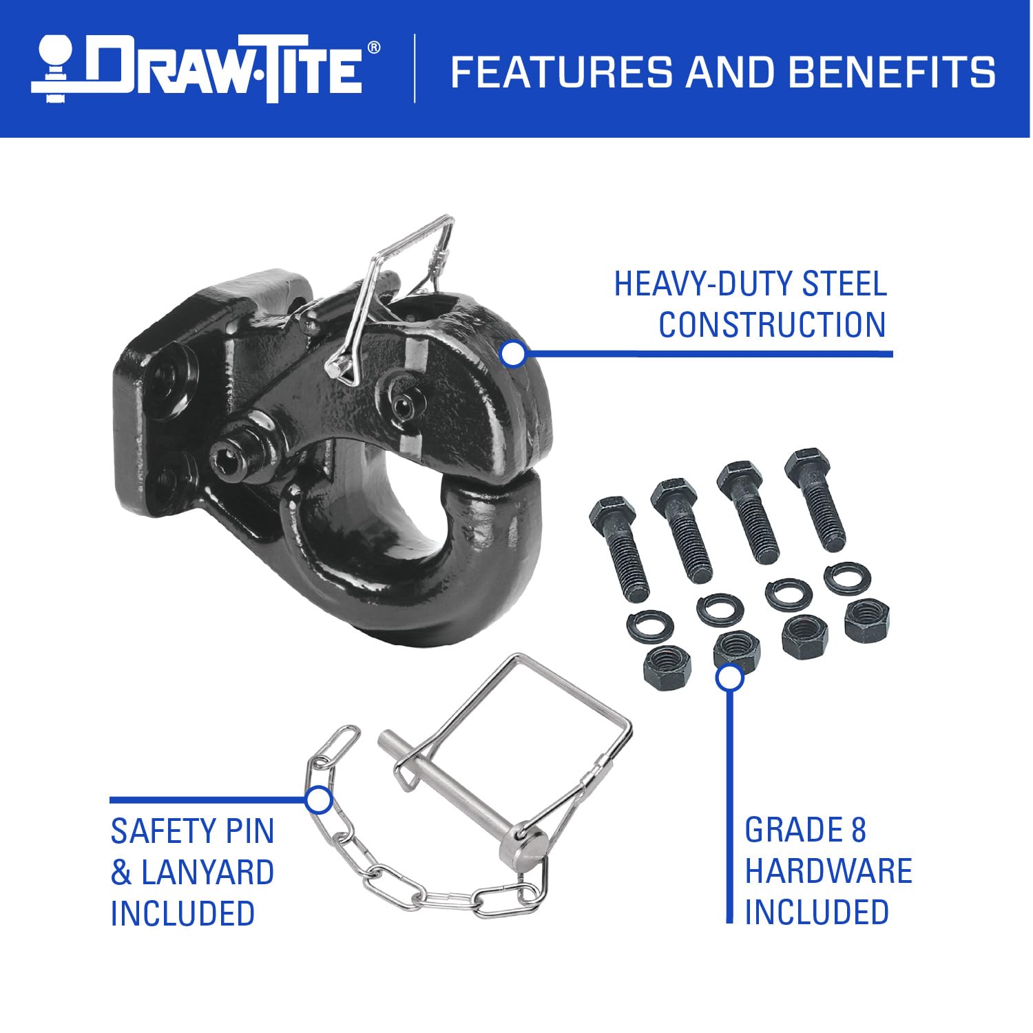 Draw-Tite Reese 63015 Pintle Hook, Bolt-On, 30,000 lbs. Capacity, Safety Pin & Lanyard Included