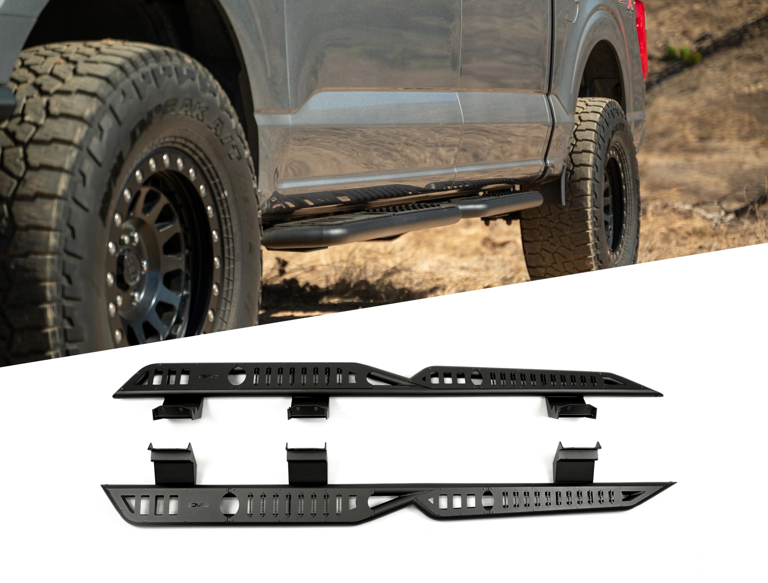 DV8 Offroad OE Plus Side Steps for 2015-2024 Crew Cab Ford F-150 & Raptor | Anti-Slip Design | Mounts to Body/Pinch Weld | Protection from Light Trail Debris | Fully Bolt-On Installation