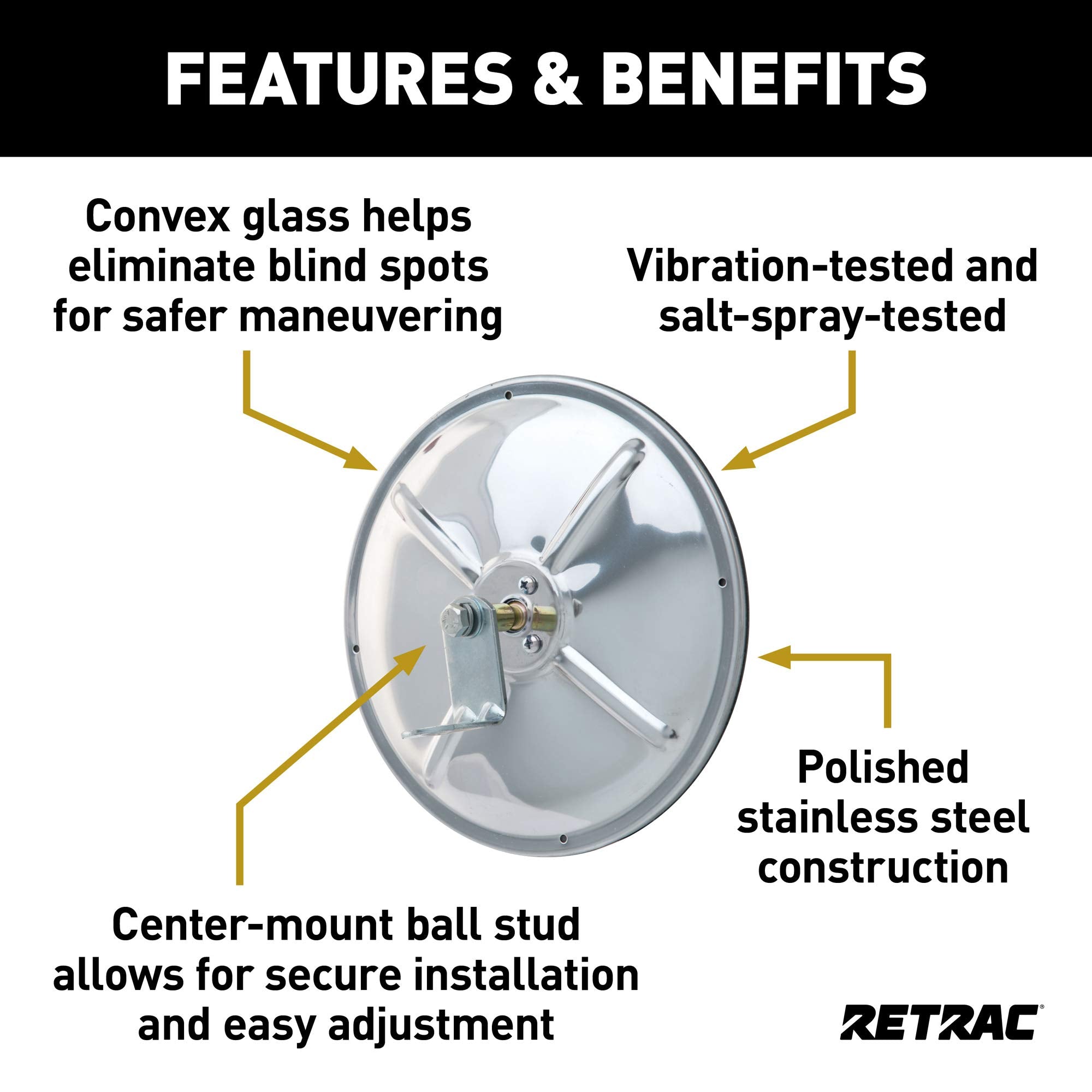 8-1/2-Inch RETRAC Stainless Steel Center-Mount Convex Mirror Head with J-Bracket, Universal Driver or Passenger Side