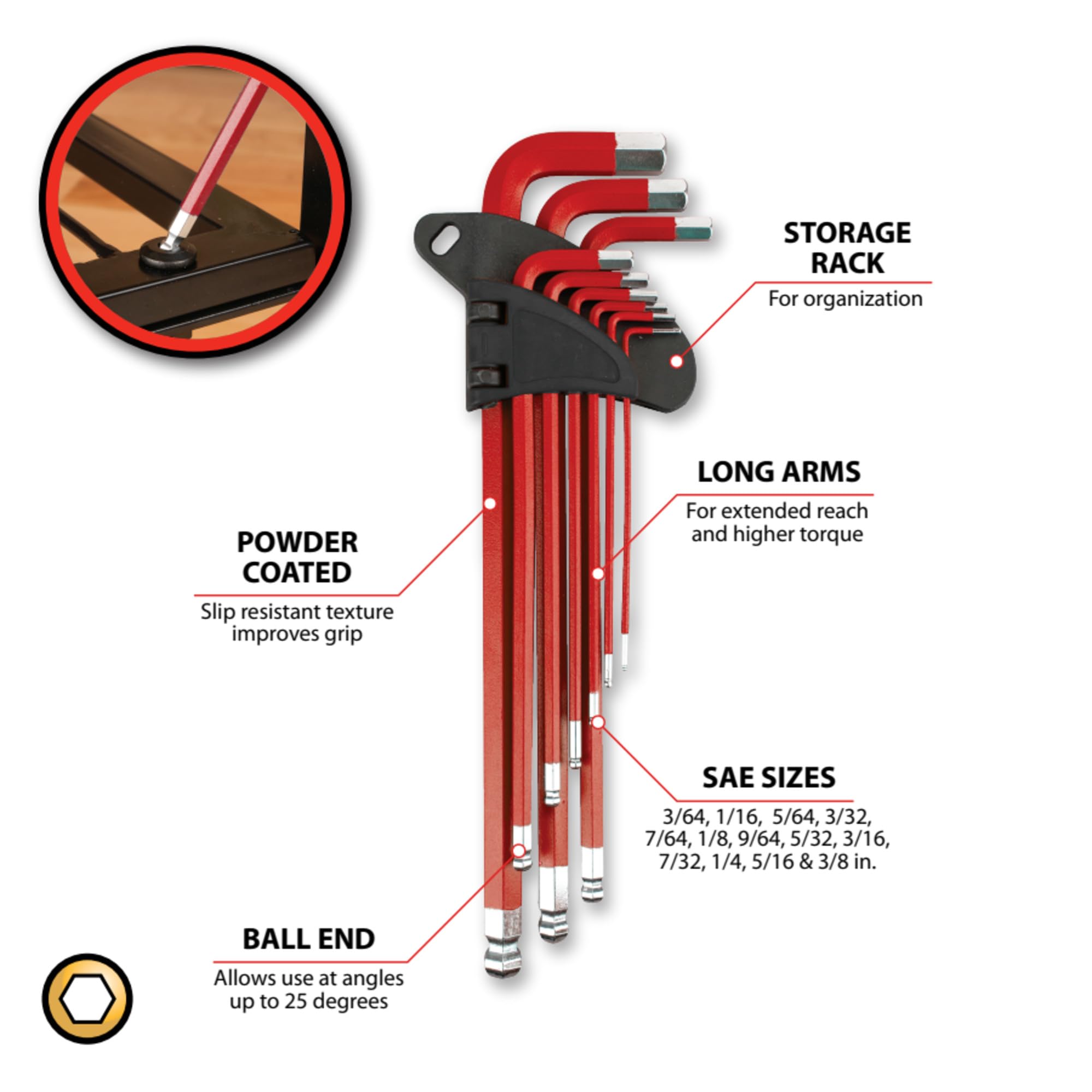W80202 Performance Tool 13 Pc. SAE Long Arm Hex Key Set - Ball End for Angled Use, Powder-Coated, Storage Rail, Laser-Etched, Red