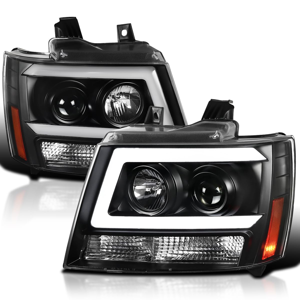 Black LED Bar Projector Headlights SPEC-D TUNING Compatible with 2007-2014 Chevy Avalanche, Tahoe, Suburban, Left + Right Pair Headlamps Assembly