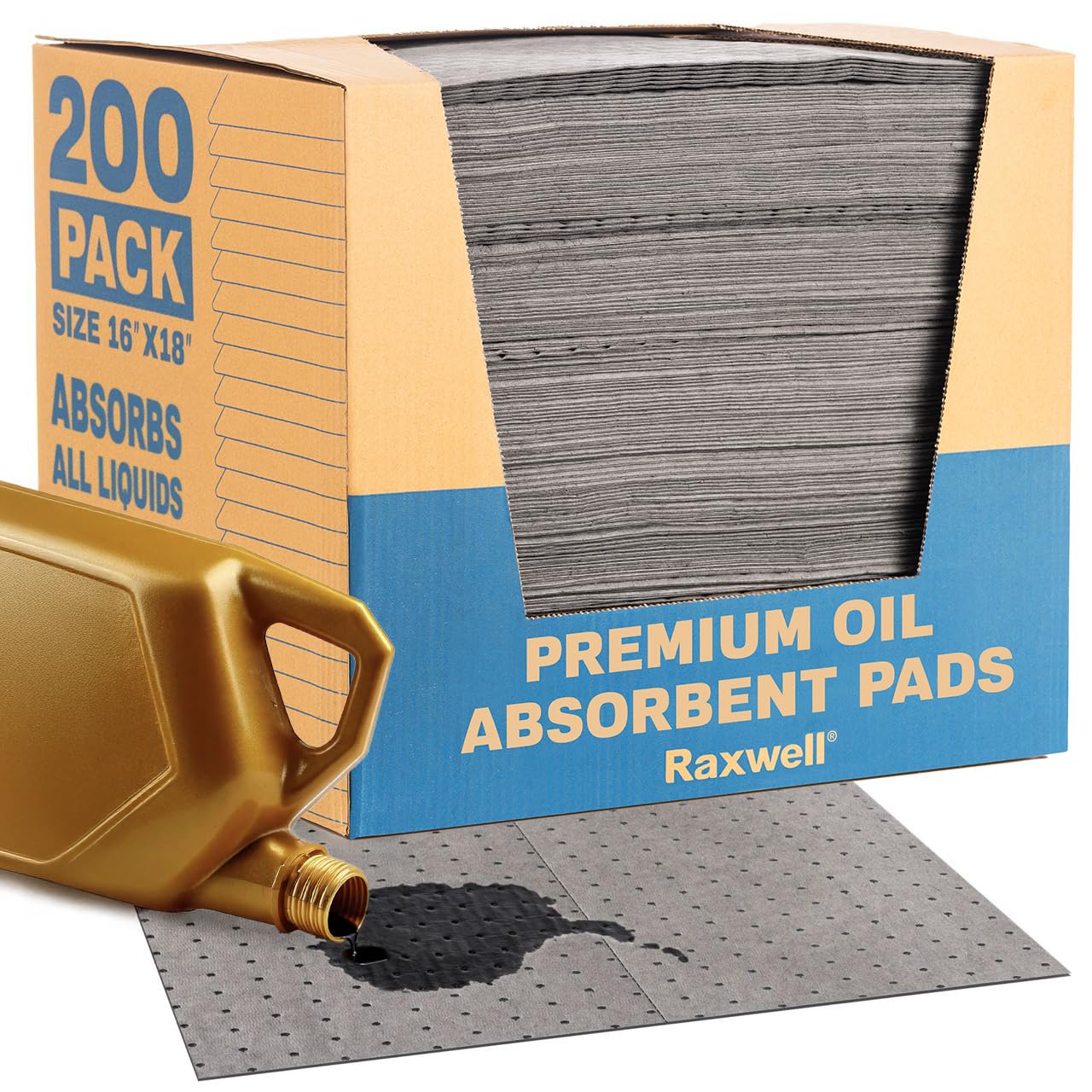 Raxwell 200 Pack Oil Absorbent Pads – 16” x 18” Heavy-Duty Spill Pads, 8-Layer Polypropylene, Dimpled & Perforated Universal Absorbent Sheets - Garage Floor Mat for Oil, Coolant, Water & Chemicals