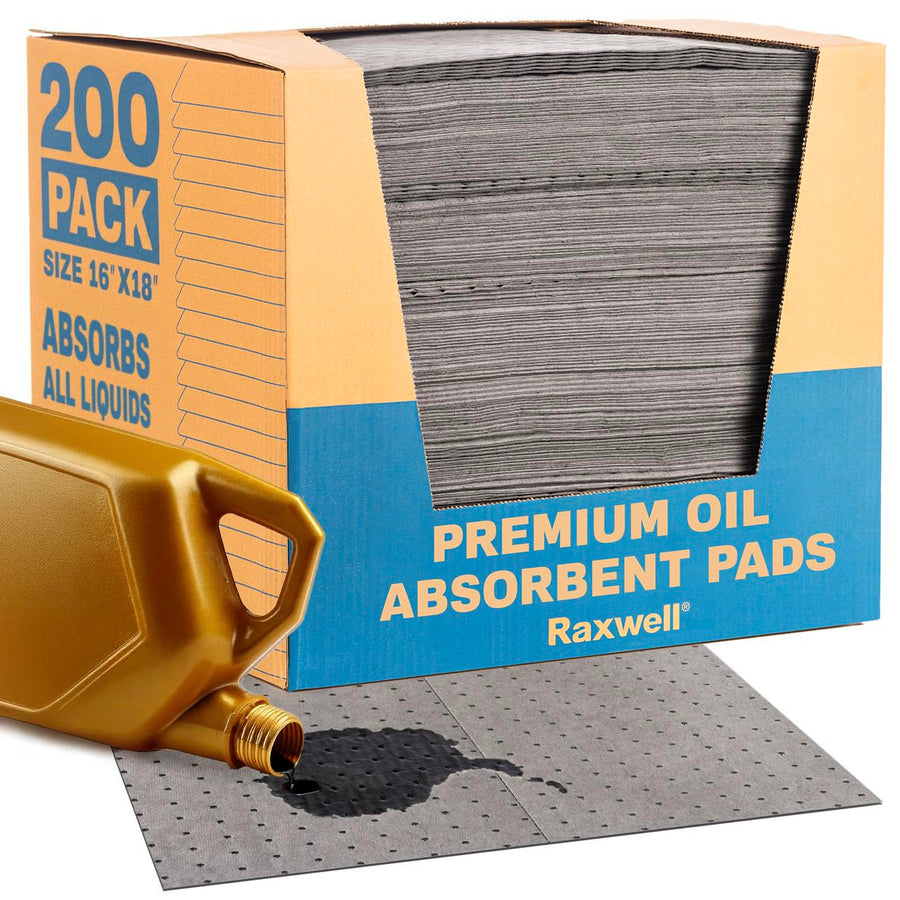 Raxwell 200 Pack Oil Absorbent Pads – 16” x 18” Heavy-Duty Spill Pads, 8-Layer Polypropylene, Dimpled & Perforated Universal Absorbent Sheets - Garage Floor Mat for Oil, Coolant, Water & Chemicals