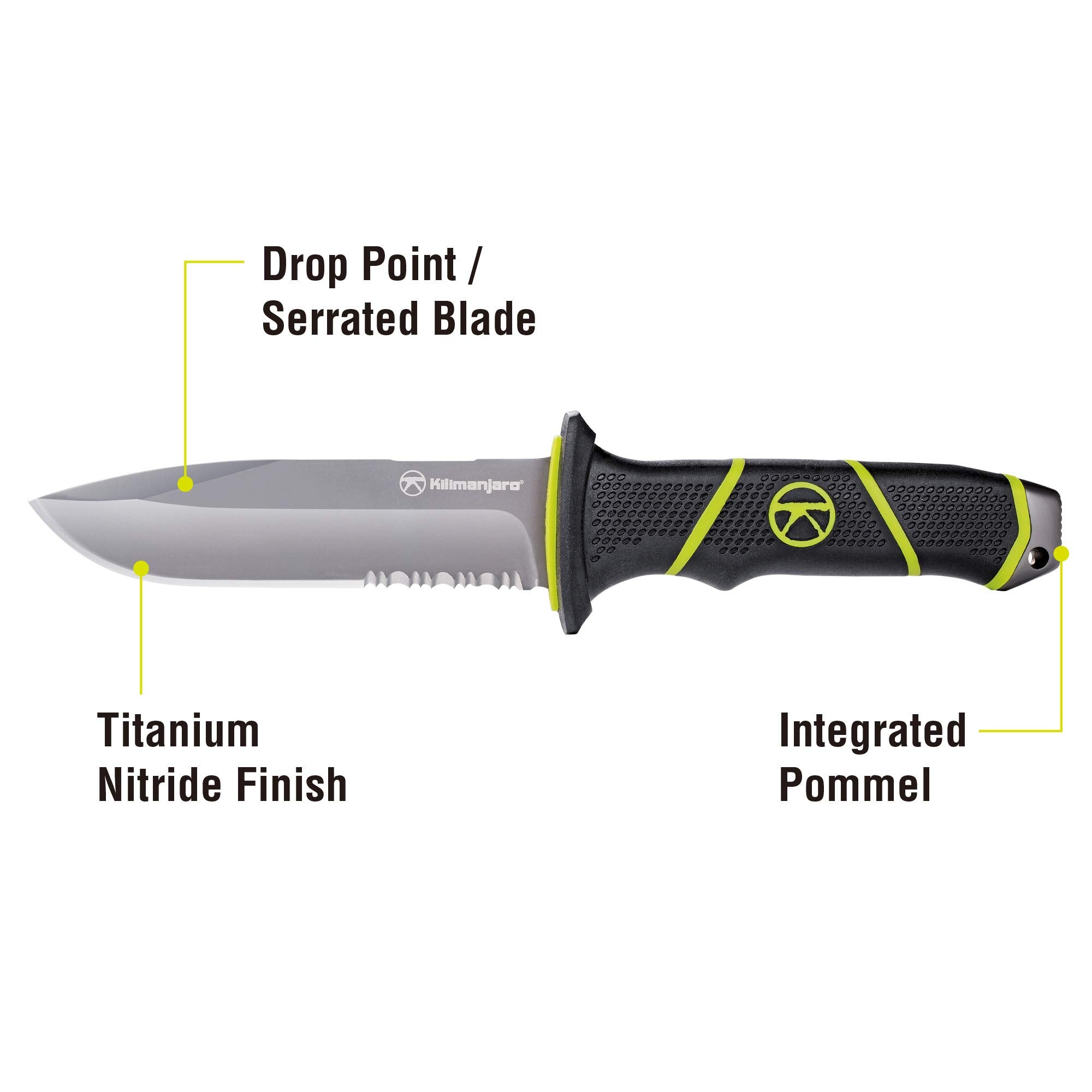 Kilimanjaro 10 Inch Kibo Fixed Blade Knife – 8Cr13MoV Semi-Serrated Stainless Steel Drop Point Blade, Rubberized High-Grip Handle, MOLLE Sheath, Outdoor Survival Hunting Knife – 910091