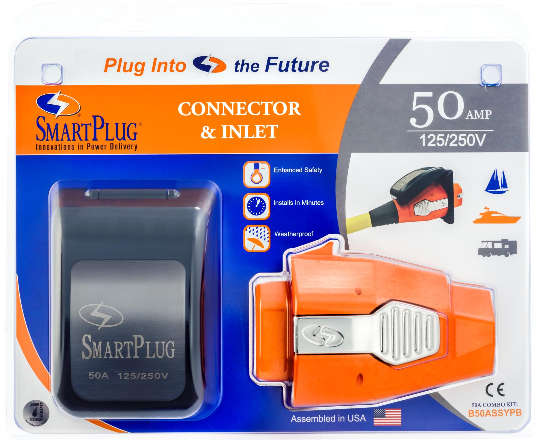 50 Amp SmartPlug B50ASSYPB Shore Power Inlet & Connector – Weatherproof RV, Camper & Boat Plug for Safe AC Power Extension – Heavy-Duty Electrical Cord Adapter, RV Accessories