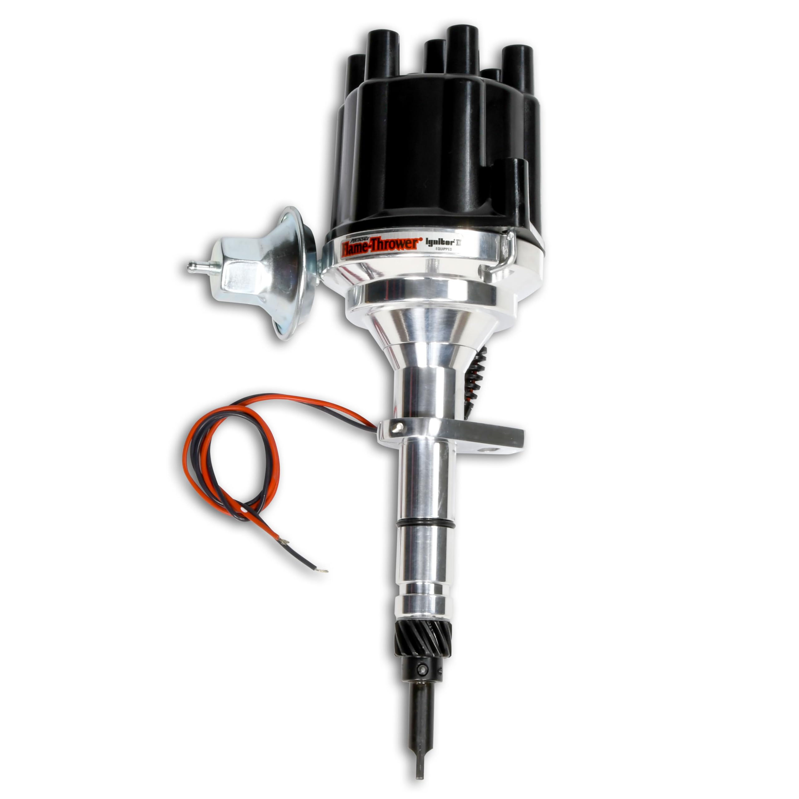 FLAME-THROWER PERTRONIX BILLET DISTRIBUTOR WITH IGNITOR II ELECTRONICS FOR GM 216,235,261 L6 and Toyota F,2F ENGINES. VACUUM ADVANCE WITH BLACK FEMALE STYLE CAP.