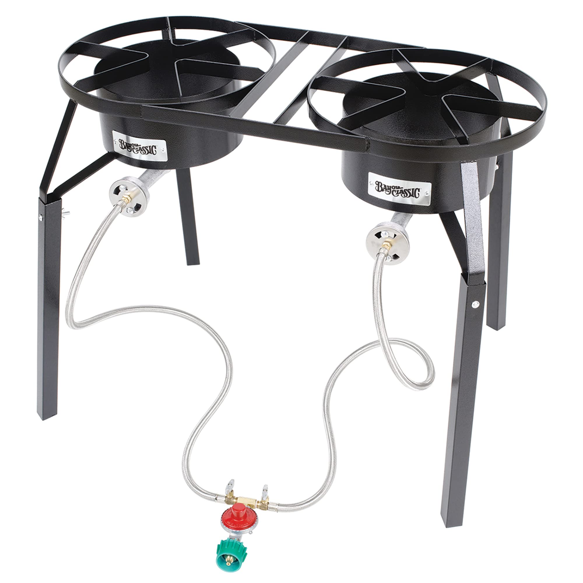 Bayou Classic DB250 High Pressure Cooker Dual Burner Features 12.5-in Tall Welded Steel Frame Dual 14-in Cooking Surfaces Dual 4-in Burners Dual 36-in Stainless Braided Hoses