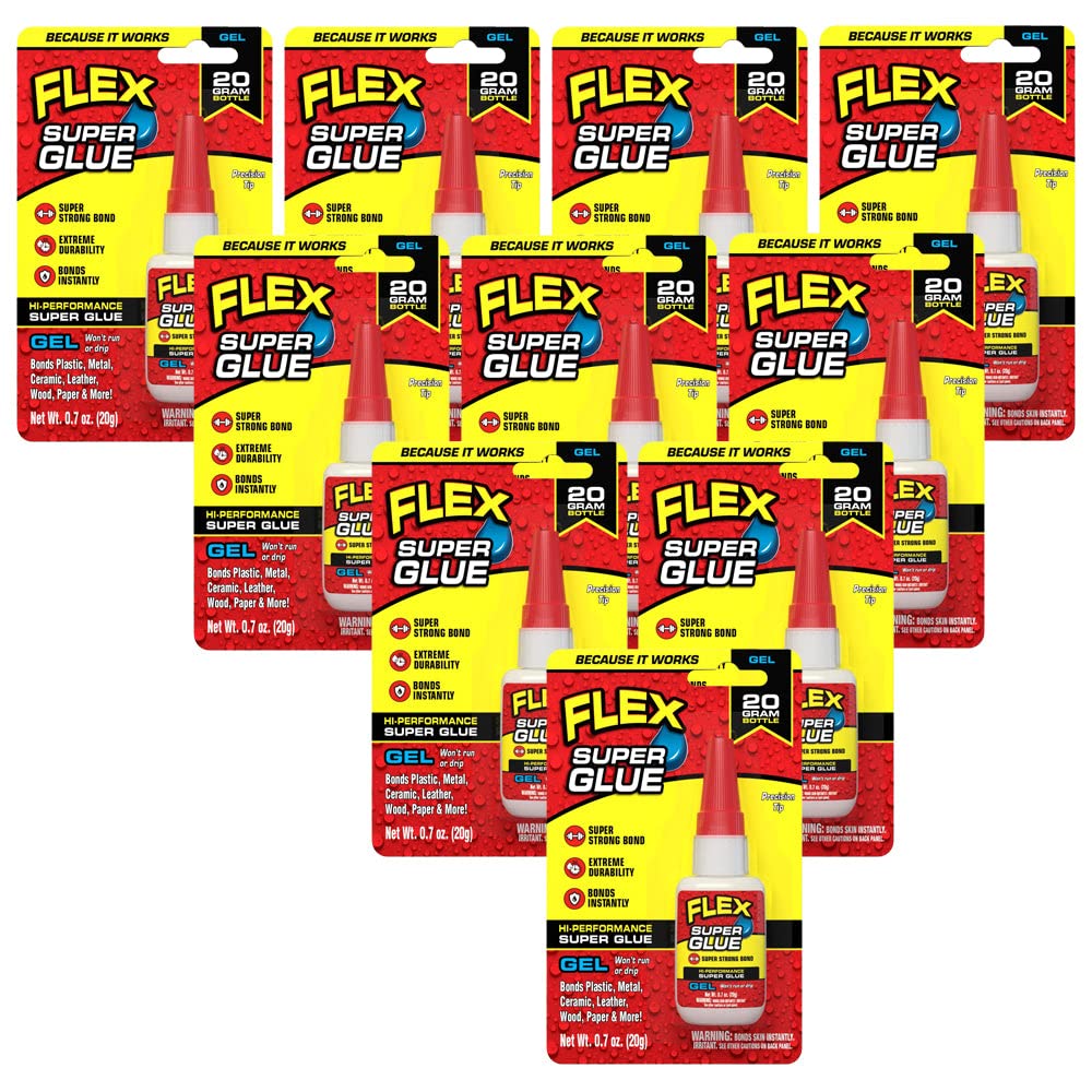Flex Gel Super Glue, 20 Gram Bottle, 10-Pack, Clear, Instant Bond, Quick Dry, Cyanoacrylate Adhesive, Precision Tip for Wood, Metal, Plastic, Crafts, Ceramic, and Toy Repairs