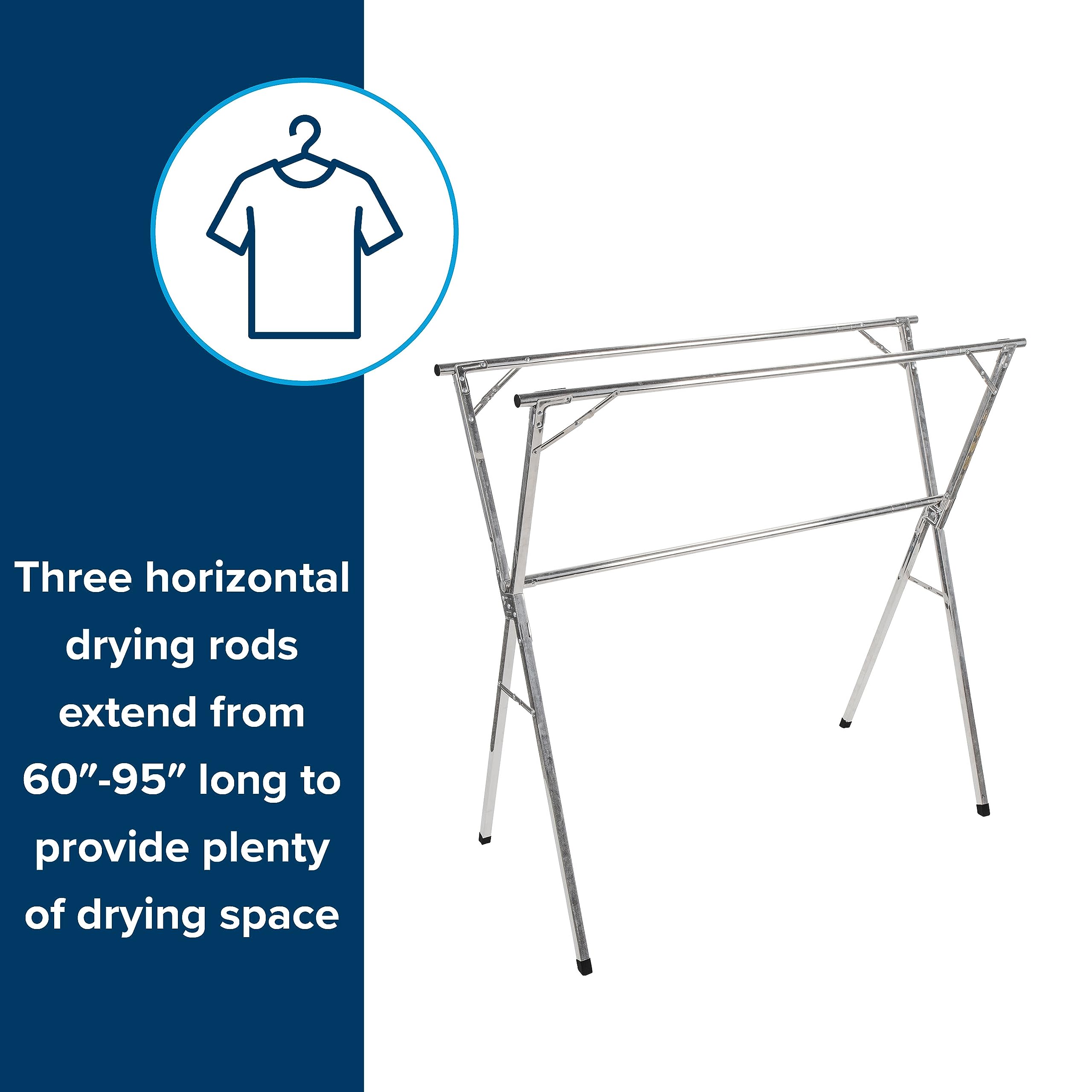 Portable Camco Clothes Drying Rack | Features 3 Horizontal Drying Rods | Extend from 60-inches to 95-inches Long to Provide Plenty of Drying Space | Light Weight Stainless Steel (51339)