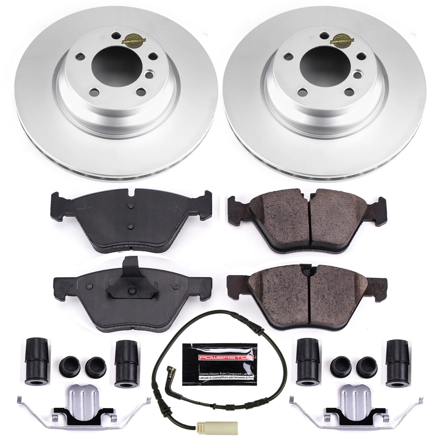 Coated Brake Rotors Power Stop CRK4782 and Z17 Ceramic Brake Pads Kit and 1 Front Sensor Wire For BMW 330i 2006 [Model Specific]