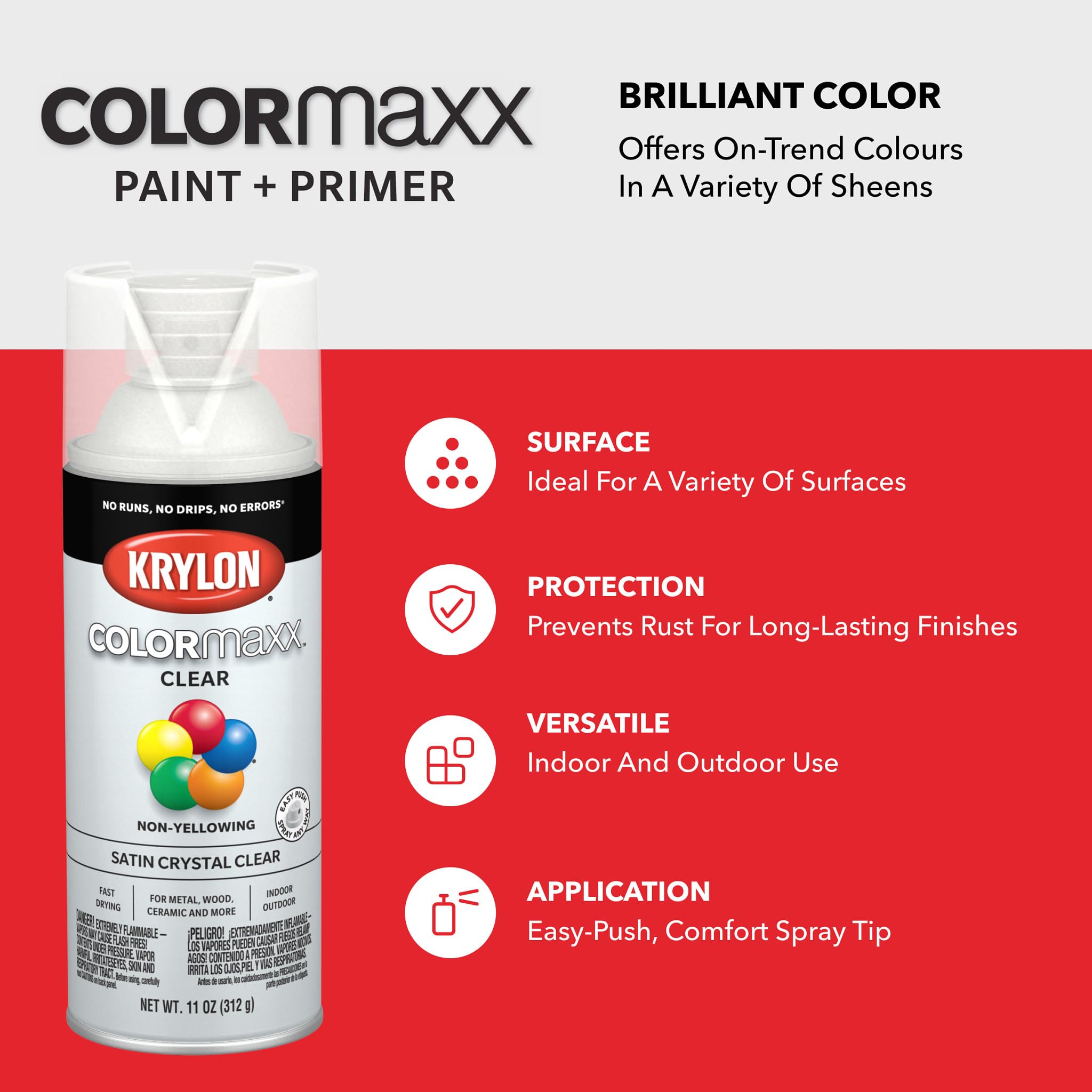 Krylon K05562007 Acrylic Clear Finish COLORmaxx for Indoor/Outdoor Use, Satin Crystal Clear , 11 Ounce (Pack of 1)
