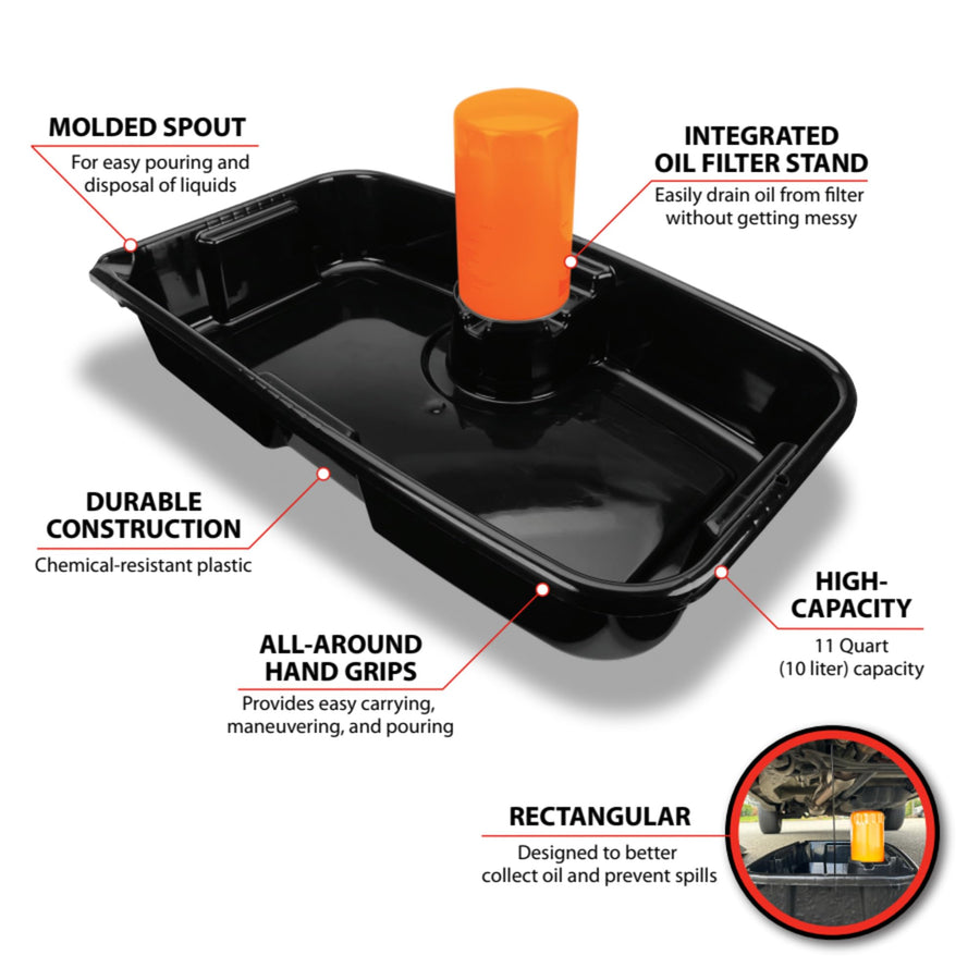 11-Quart Performance Tool W4079 Oil Drain Pan, Chemical-Resistant, Oil Filter Stand, Black