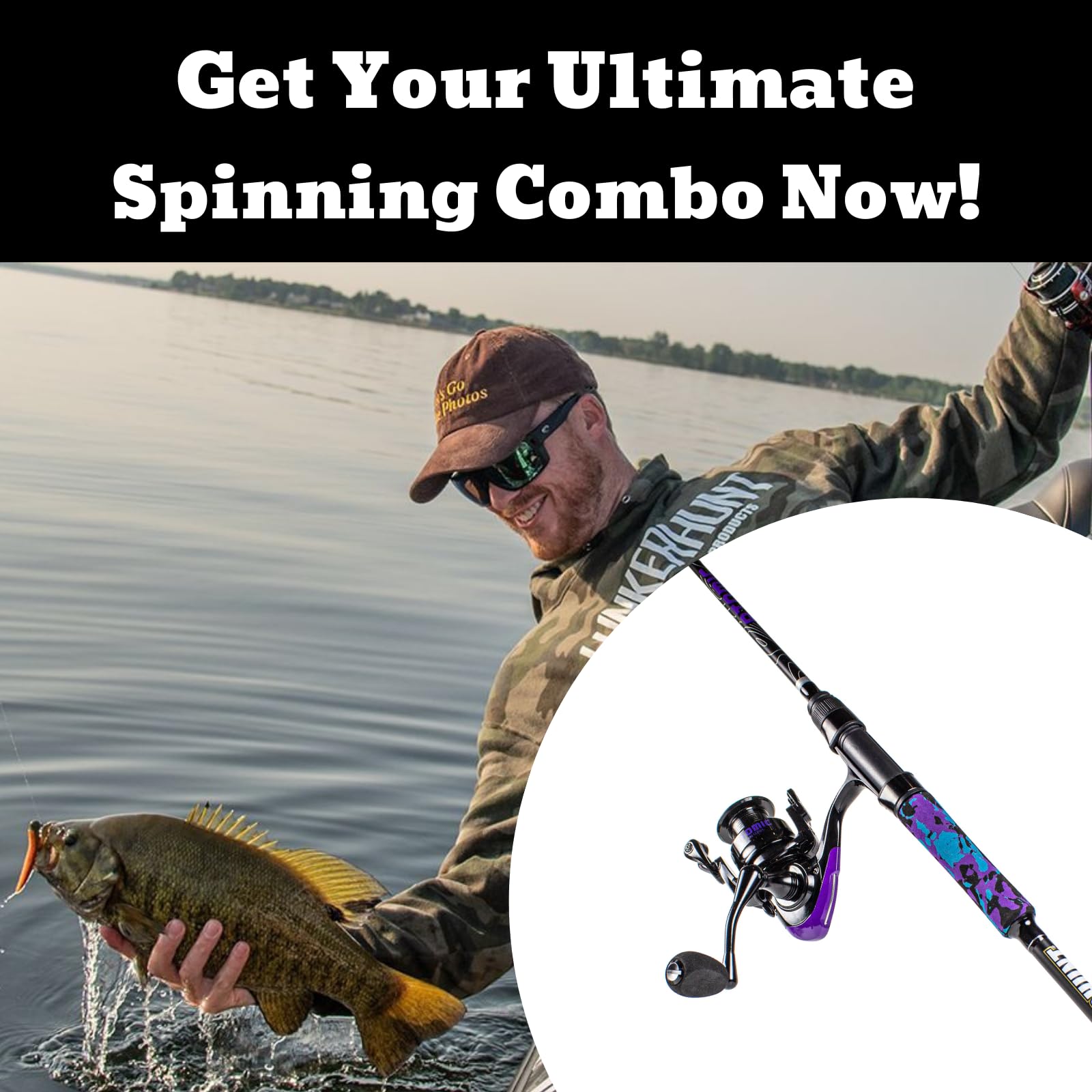 Lunkerhunt Atomic Fishing Rod and Reel Combo 6 Feet 8 Inches| Spinning Reel Right and Left | Lightweight Fishing Rod Combo Hunter Atomic | Premium Medium Power Fishing Pole with EVA Camouflage Grip