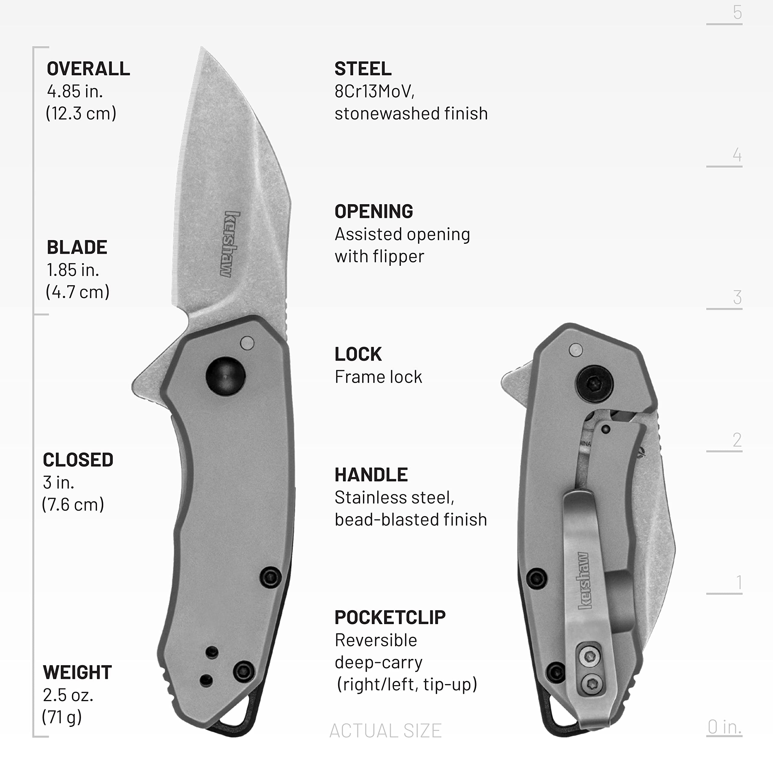 Kershaw Folding Rate Pocket Knife, Small Everyday Carry Knife with Assisted Opening, 8Cr13MoV Stainless Steel Blade, Pocketclip and Lanyard Hole,Grey