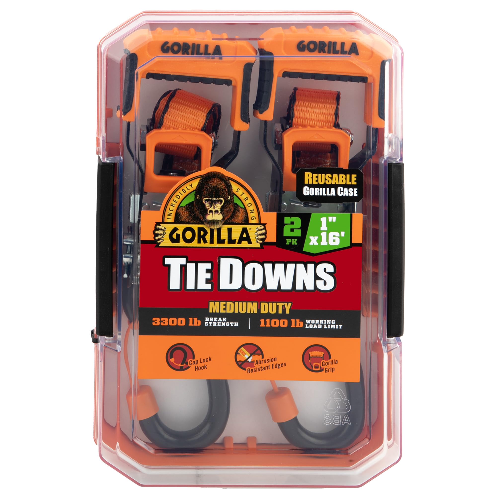 Gorilla 93001 1" x 16' Ratchet Strap with Orange Gorilla-Grip Handle 2 Pack