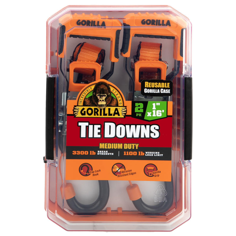 Gorilla 93001 1" x 16' Ratchet Strap with Orange Gorilla-Grip Handle 2 Pack