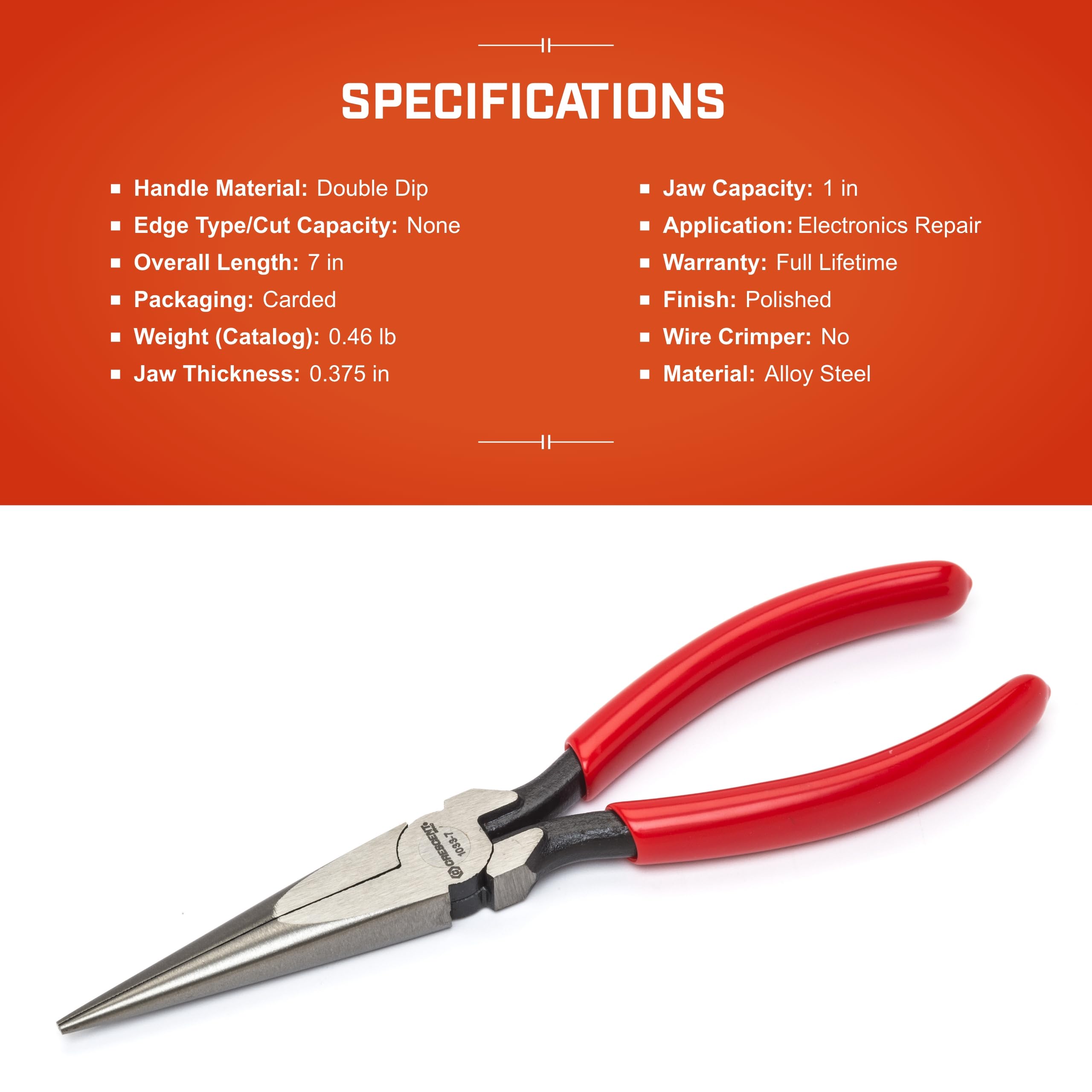 Crescent 7-1/2" Long Pliers Chain Nose - Needle-Nose Pliers for Bending, Gripping & Twisting - Long Reach Pliers with Serrated Jaws & Dipped Handle Grips - Resists Rust & Corrosion - 10336CVN