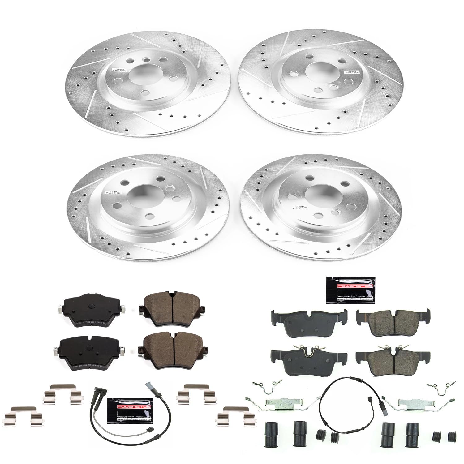 Power Stop K7916 Z23 Carbon Fiber Brake Pads Front and Rear with Drilled & Slotted Brake Rotors Kit and 1 Front & 1 Rear Sensor Wires For BMW X1, BMW X2, Mini Cooper Countryman [Model Specific]