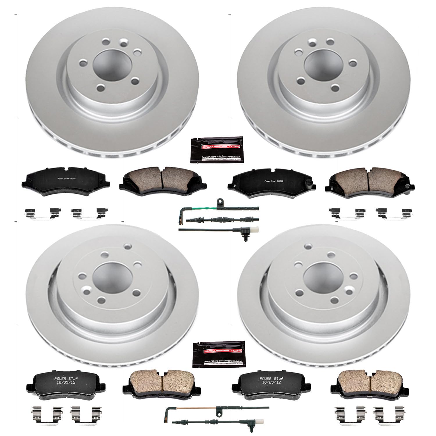 Power Stop Z23 Evolution Geomet Coated Brake Kit Front and Rear and 1 Front & 1 Rear Sensor Wires For Land Rover LR4 2011-2016 [Model Specific]