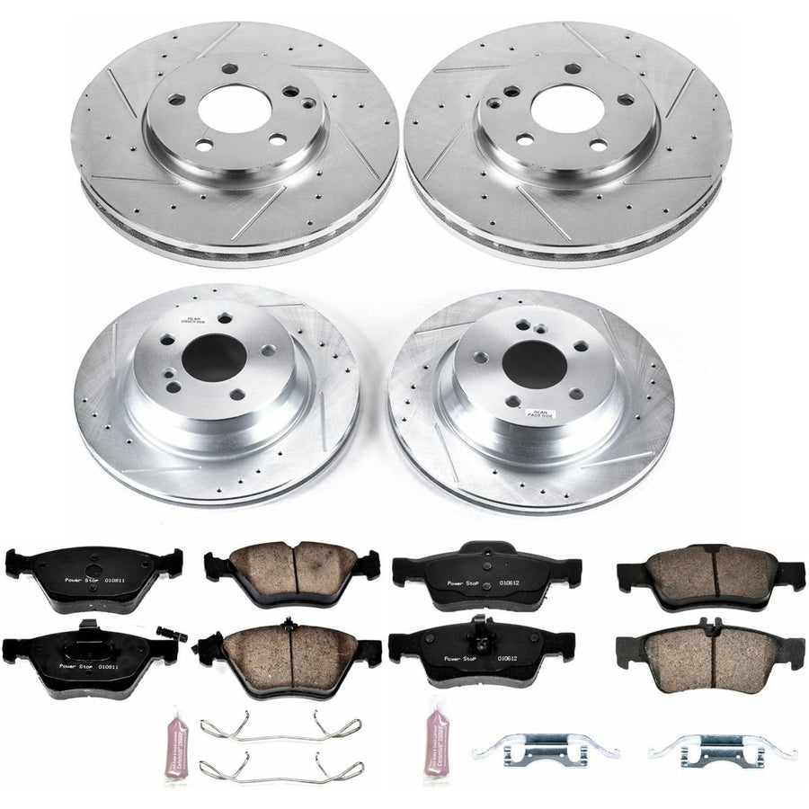 Power Stop K4518 Z23 Carbon Fiber Brake Pads Front and Rear with Drilled & Slotted Brake Rotors Kit For Mercedes-Benz E350 2006-2009 [Model Specific]