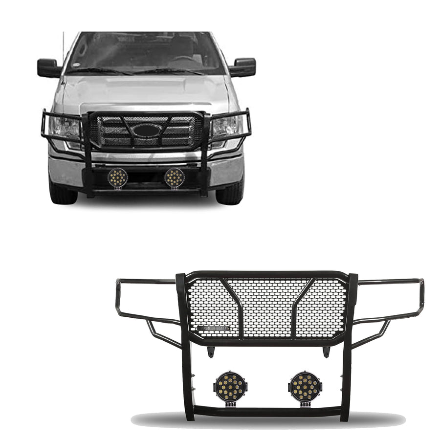 Heavy Duty Black Horse Rugged Grille Brush Bumper Guard Modular Black Come with Pair of 7.0" Dia. LED Lights with Black Trim Rings Compatible with 2009-2014 Ford F-150-RU-FOF109-B-PLB