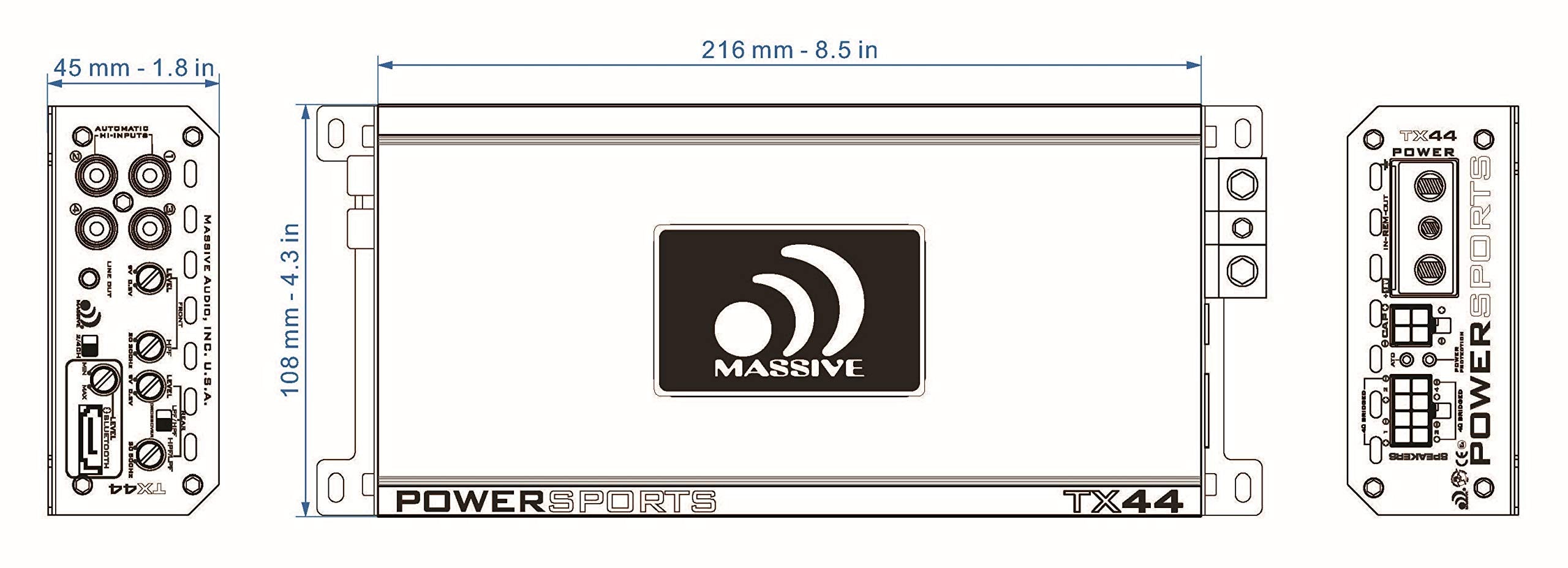 Bluetooth Marine Amplifier Massive Audio TX44 | Full-Range Waterproof Amp, Compact Class D Power for Boats, UTV, ATV & Outdoor Audio Systems