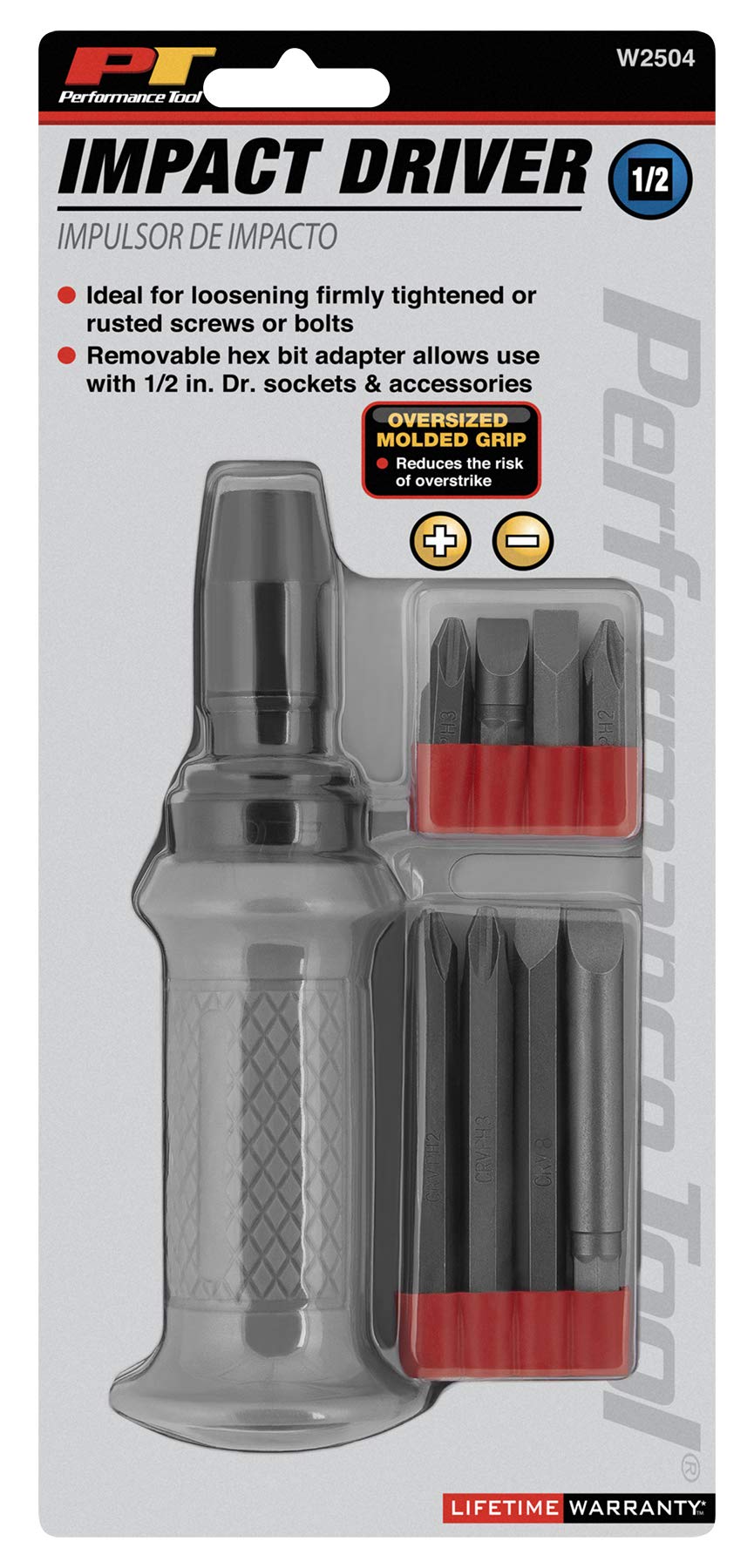 W2504 Performance Tool 1/2-Inch Manual Reversible Impact Driver - Flathead 5/16 & 3/8 & Phillips #2 & #3 Bits For Most Common applications - Disengage Brake Caliper Screws, Rusted Fasteners or Frozen